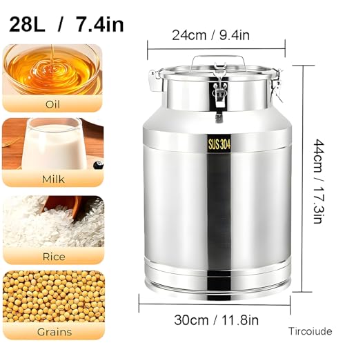 304 Stainless Steel Milk Can with Airtight Lid, 7.4Gal Heavy Duty Milk Transport Cans with Funnel Ladle, Sealed Container for Milk, Oil, Wine, Grain, Flour 28L - size: 28L