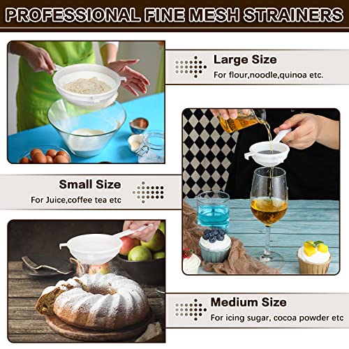 Skyley 3 Pcs Plastic Nylon Mesh Kefir Fine Strainer Set, 3 In, 4 In, 5.5 In | Plastic Flour Colander with Handle Nylon Kefir Food Strainers Flour Sifter for Baking Kitchen Tea Juice Pasta - size: 3 Inch, 4 Inch, 5.5 Inch