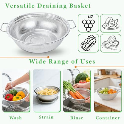Stainless Steel Colander Set of 3, 18/8 Food Grade Steel Kitchen Strainers, 2, 3 & 5 Quart Metal Pasta Strainers with Welded Handles, Non-Slip Feet, 2.5mm Precision Holes, Dishwasher Safe - color: Stainless Steel