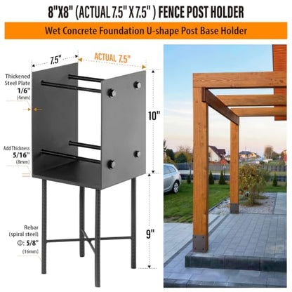 2 Pack Heavy Duty Stainless Steels U-Shape 8"x8"(Actually 7.5"x7.5") Wet Concrete Fence Post Holder, Psot Base, for Fence, Deck Railing, Pergola Wood Post Bracket Anchor (Dark Grey) - size: 8"x8"(Actual 7.5"x7.5")
