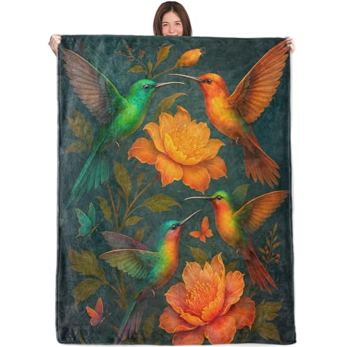 Colorful Hummingbird Blanket,40x50in,Cozy Flannel Throw with Vibrant Bird Orange Flower Botanical Design,Soft Lightweight Gifts Blankets for Women,Sofa Bed Travel Couch Decor - color: Hummingbird, size: 50"x40"