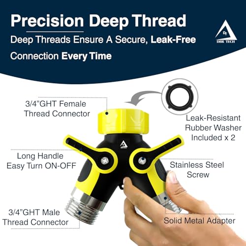 DBR Tech® Hose Splitter 2 Way, Heavy Duty Metal Connector, Two Way Garden Hose Splitter, High Flow Spigot Faucet Bib Adapter, Solid Double Y Shut Off Valve for Outdoor Gardening Hoses, Yellow - color: Yellow