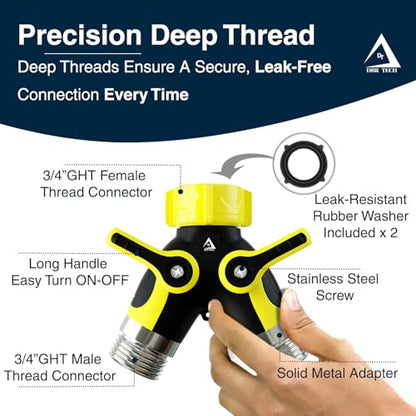 DBR Tech® Hose Splitter 2 Way, Heavy Duty Metal Connector, Two Way Garden Hose Splitter, High Flow Spigot Faucet Bib Adapter, Solid Double Y Shut Off Valve for Outdoor Gardening Hoses, Yellow - color: Yellow