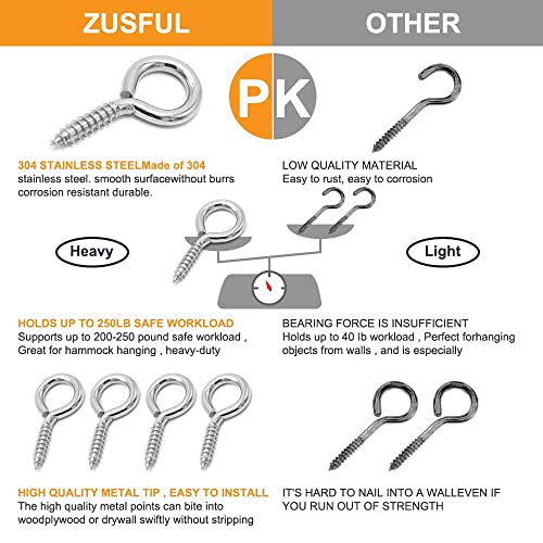 6 Pcs M6 304 Stainless Steel Screw Eye Hooks, 2-1/2 Inches Eyes Screw Hooks,Heavy Duty Screw Eye Bolt,Load Bearing 200LB,Indoor & Outdoor Use
