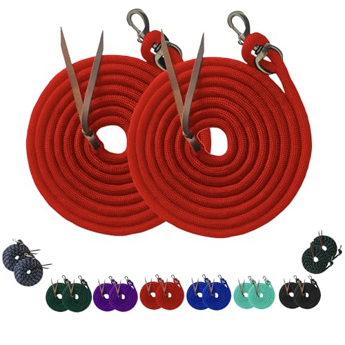 Majestic Ally 14' Pack of 2 Poly Training Lead Rope with Leather Popper for Horses & Livestock – 14 Foot Long and 5/8 inch Thick - Replaceable Heavy-Duty Bolt Snap (Red) - color: Red