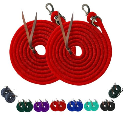 Majestic Ally 14' Pack of 2 Poly Training Lead Rope with Leather Popper for Horses & Livestock – 14 Foot Long and 5/8 inch Thick - Replaceable Heavy-Duty Bolt Snap (Red) - color: Red