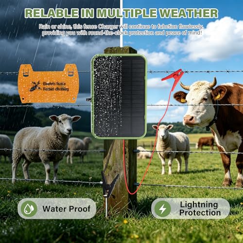 Solar Electric Fence Charger, Energizer with Stand 5kV-9kV Output | 6000mAh Battery, 5.5W Solar Panel Perfect for Farms Gardens Orchards, Keeps Livestock Safe from Wildlife