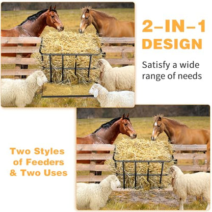 Large Capacity 2-in-1 Hay Feeder with Detachable Grain Tray, Heavy Duty Steel Wall-Mounted Rack for Goat, Sheep, Horse & Rabbit Livestock, Black