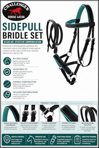 CHALLENGER Horse Western Brown Leather Training Tack Bitless Sidepull Bridle Reins 7711 - color: Black/Teal, size: Cob