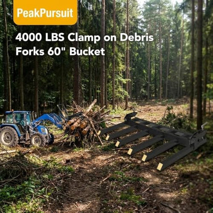 Clamp-On Debris Forks for 60" Loader Bucket – 4000 lbs Heavy Duty Pallet Fork Attachment – Sturdy Steel Construction – Fits Skid Steer/Tractor – Yellow