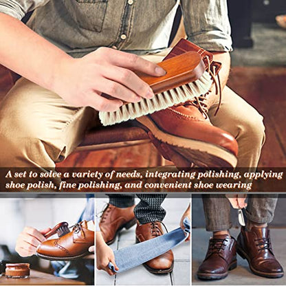 6 Pcs Horsehair Shoe Brush Kit Polishing Daubers Applicators Leather Care Brushes Shine Cleaning Cloth with Case(Shoe Brush Set A) - style: Shoe Brush Set A
