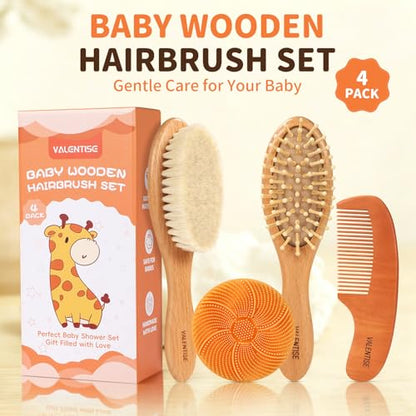 4 Pack Wooden Baby Hair Brush Set, Baby Brush and Comb Set with Soft Goat Bristle, Cradle Cap Brush for Newborns & Toddlers, Perfect Baby Registry Gift