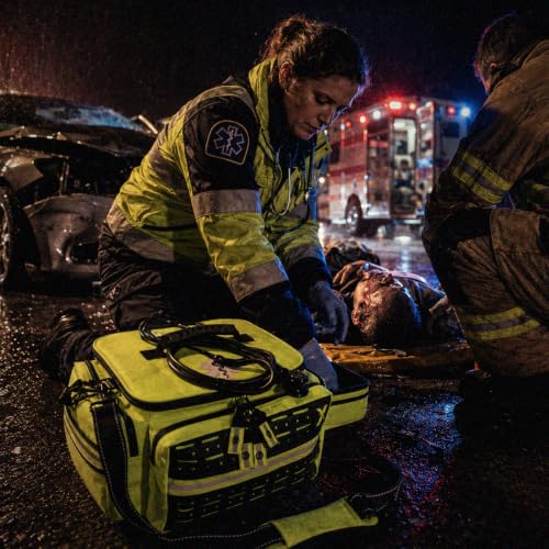 Lightning X Medium First Responder EMT Bag | LXMB25 | w/Reflective, Shoulder Strap & Zippered Compartments for First Aid + Trauma Supplies - Fluorescent Yellow - color: Fluorescent Yellow