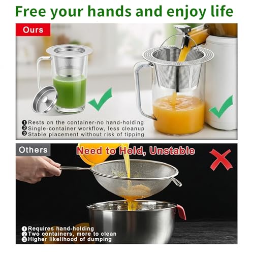 2Pack 304 Stainless Steel Juice Strainer for Nama J2, Hands-Free Pulp Strainer for Juicing, Reusable Fine Mesh Sieve Cap for Cups, Large 5.5in & Small 4.5in for Kitchen, Tea, Soy Milk