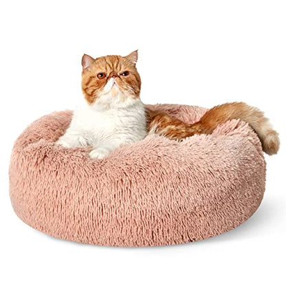 Bedsure Calming Cat Beds Donut Round Washable Kitten Bed,20 inches Pink | Fluffy Faux Fur Cuddler,Machine Washable,Anti-Slip Bottom,Anti-Anxiety,Deep Sleeping for Cats&Small Pets Up to 15 Lbs - color: Pink, size: 20"L x 20"W x 6"Th