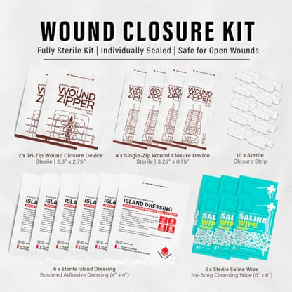 EVERLIT CARE Wound Closure Kit | 28 Pcs All-in-One First Aid with Suture-Free, Stitchless Zip Devices, Butterfly Bandages, for up to 6" Wounds | 100% Sterile Medical Supplies to Clean, Cover & Heal