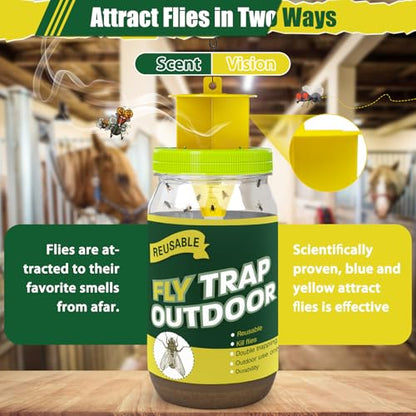 3 Reusable Fly Traps Outdoor Bottles, Fly Killer Catcher Jar with 6 Bait | Flies Bug Insect Trap Control Outdoor Hanging for Outside Barns, Stable, Farm, Patio, with Natural Bait Refills Lure - size: 3 pack2