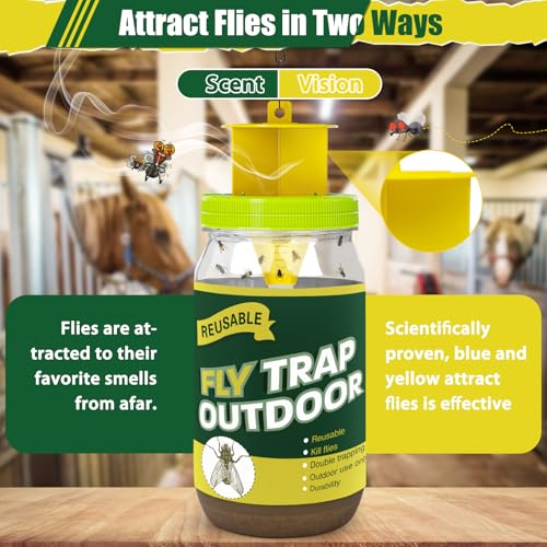 3 Reusable Fly Traps Outdoor Bottles, Fly Killer Catcher Jar with 6 Bait | Flies Bug Insect Trap Control Outdoor Hanging for Outside Barns, Stable, Farm, Patio, with Natural Bait Refills Lure - size: 3 pack2