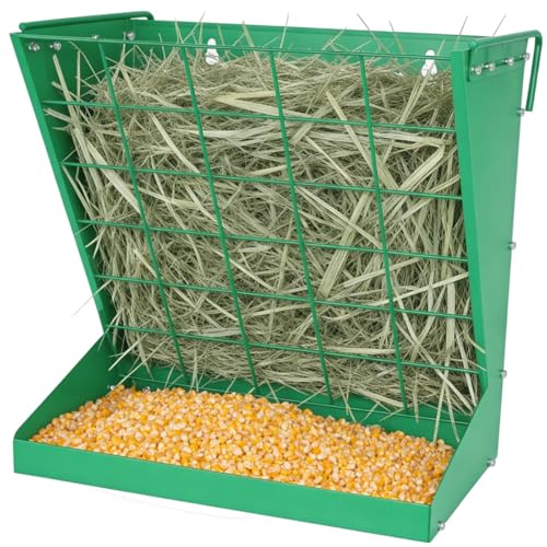 2 in 1 Wall Mount Hay and Grain Feeder, 25 Gallons Livestock Feeder | Galvanized Steel Wall Hay Rack, Hanging Hay Feeder with Mounting Kit for Goats Sheep Horse, Slow Feeder for Goats with Trough