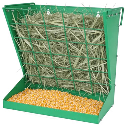 2 in 1 Wall Mount Hay and Grain Feeder, 25 Gallons Livestock Feeder | Galvanized Steel Wall Hay Rack, Hanging Hay Feeder with Mounting Kit for Goats Sheep Horse, Slow Feeder for Goats with Trough