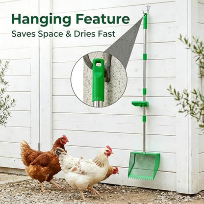 TOOGE Large Chicken Poop Scooper: 2-in-1 Metal Pooper Scooper & Rake Adjustable 62" Long Handle Stainless Steel Sand Sifting Litter Shovel Chicken Coop Scoop Cleaning Tool for Goat Yard Bright Green