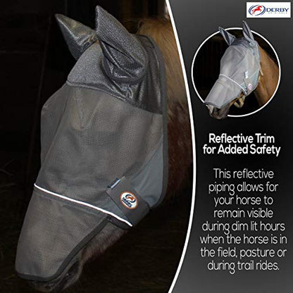 Derby Originals Reflective Fly Mask with One Year Warranty - with Ears and Nose Cover - color: Summer Blue