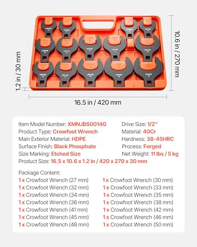 VEVOR Crowfoot Wrench Set, 1/2" Drive, 14-Piece Metric 27 to 50 mm Crows Foot Wrenches, with Storage Tray, Dual Size Markings on Tools and Tray, for Auto Maintenance or Repairs - size: 1/2" 14 PCS Black