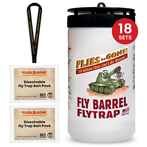 Flies Be Gone Outdoor Fly Trap - Reusable Container, Patent Pending Screw Lid, Suspension Strap & 2 Protein-Powered Attractant Fly Container Packs - Catcher for Outdoor Home and Commercial Use