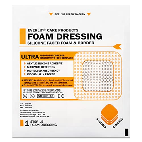 EVERLIT Care Silicone Foam Dressing with Adhesive Border | Highly Absorbent Hypoallergenic Bandages for Chronic Wounds, Bed Sores, Pressure Ulcers | Gentle & Secure Adhesion (4" x 4" | 10 Pack) - size: 10 Count (Pack of 1)