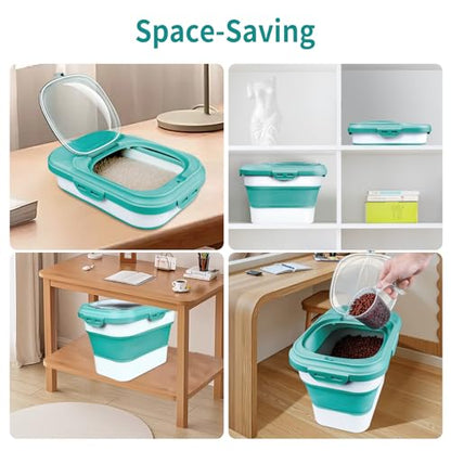 Komzon Rice Storage Container, Collapsible Airtight Food Storage Containers 6-20 Lbs, Rice Dispenser with Measuring Cup and Small Bin for Flour Cereal Pasta Grain, Cat Pet Dog Bird Food Container - size: 6-20 Lbs Green