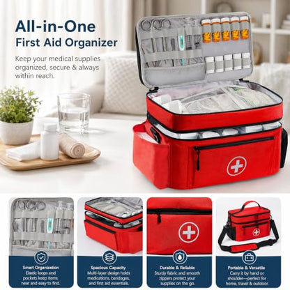 Medicine Organizer and Storage Bag Empty, Family First Aid Box, Pill Bottle Organizer Bag for Emergency Medication, Supplements or Medical Kits, Zippered Medicine Bag for Home and Travel (Red)