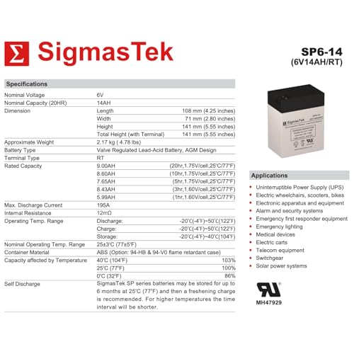 SigmasTek Parmak DF-SP-LI 6V Solar-Pak Fence Charger Compatible Battery, 6V 14Ah RT SP6-14 (RT)