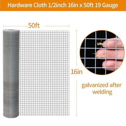 Gartist 1/2inch 16"x50' Chicken Wire Fencing Roll, Galvanized Hardware Cloth, 19Ga Hot-Dip Welded Preventing Snakes, Raccoons and Foxes - size: 19G 1/2 16"x50'