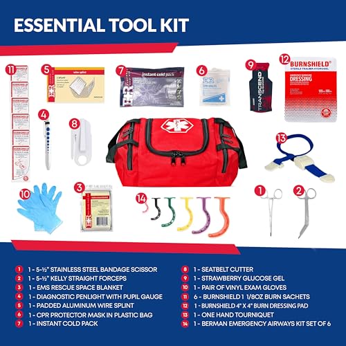 Fully Stocked Trauma First Aid Kit – First Responder II Bag with Tools, Gauze, Bandages, Scissors & Gloves – Compact & Portable – OSHA and ANSI Compliant – Red - color: Red