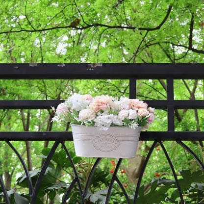 3 Pack Metal Railing Planters, 10.5" Oval Hanging Flower Pots with Detachable Hooks & Drainage Holes, Fits Rails up to 2.36", Galvanized Iron Fence Bucket for Balcony Garden Patio - Letter White - color: Letter White, size: 3 Pack, 10.5"L x 5.7"W x 4.7"H