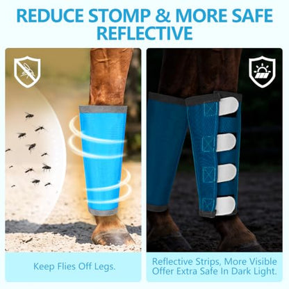 Fly Boots for Horses Set of 4 with Reflective Vercros, Loose Fitting Mesh Horse Fly Boots Leggings, Adjustable Equine Leg Wraps & Socks, Stay Up Not Sag, No Rub - color: Sky Blue