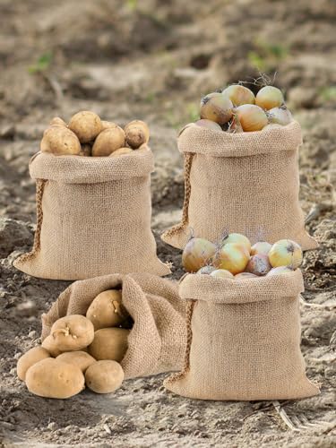 4Pcs 14"x20" Breathable Natural Burlap Bags with Rope for Potato Storage | Reusable, Thickened Jute Food Storage Sacks, Helps Potatoes/ Onions/ Root Vegetables Stay Fresh - size: 14'' x 20''