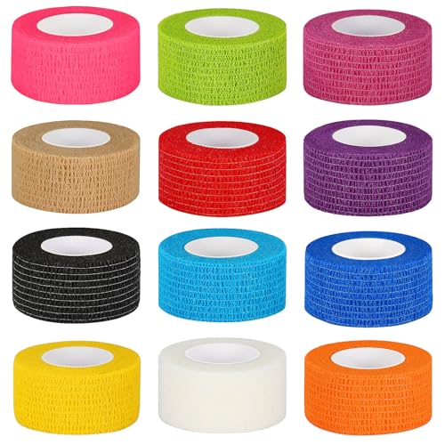 12Pcs Self Adhesive Bandage Wrap 1 in Cohesive Bandage Finger Tape Vet Wrap - color: Mix Color, size: 1 Inch