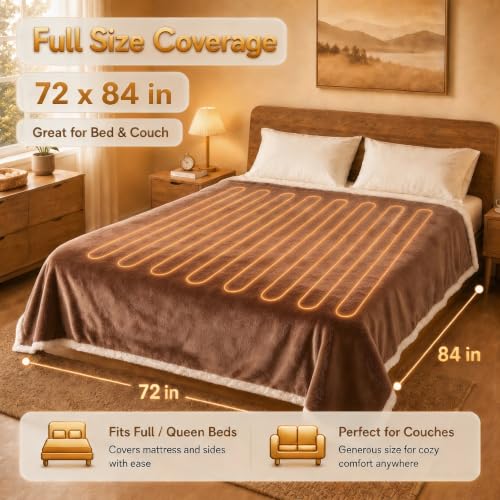 Heated Blanket Electric Blanket Full Size 72''x84'' with 9 Heating Levels, 1-10 Hour Auto Shut Off, Machine Washable, Flannel & Sherpa Soft Warming Blanket for Couch, Bed, Office - Brown - color: 06-brown, size: 72''x84''(Full)