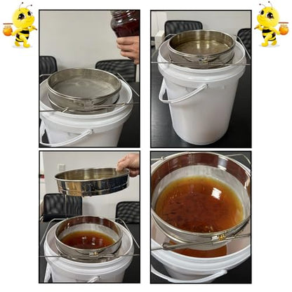 Honey Strainer,Double Sieve 304 Stainless Steel,for 5 Gallon Bucket | Double-sieve stainless steel strainer with adjustable arms, designed for filtering honey into buckets, pails, and honey tanks