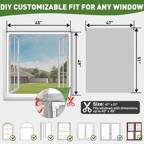 HOFUDON Window Screen Adjustable Magnetic Window Screen Replacement Max 47” x 51”, DIY Fiberglass Mesh Window Screens for House Windows White Frame Grey Mesh - color: White Frame Gray Mesh, size: 47" x 51"