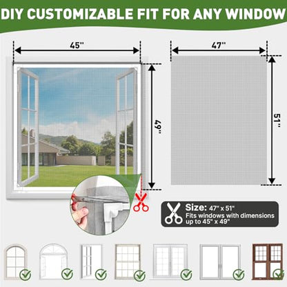 HOFUDON Window Screen Adjustable Magnetic Window Screen Replacement Max 47” x 51”, DIY Fiberglass Mesh Window Screens for House Windows White Frame Grey Mesh - color: White Frame Gray Mesh, size: 47" x 51"