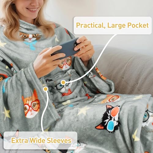 Catalonia Wearable Blanket with Sleeves & Foot Pocket for Adults - color: 80's Cat Dog Gray, size: Fleece