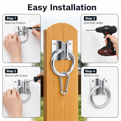 4pcs Horse Tie Rings with Snap Hooks and Screws for Barn Stall Trailer | Complete 4-ring set with 4 snap hooks and 16 screws for horse stalls, barns, trailers, hay nets, buckets and lead ropes