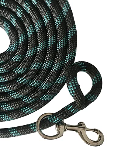 Majestic Ally 14' Pack of 2 Poly Training Lead Rope with Leather Popper for Horses & Livestock – 14 Foot Long and 5/8 inch Thick - Replaceable Heavy-Duty Bolt Snap (Turquoise-Gray-Black) - color: Turquoise-Gray-Black