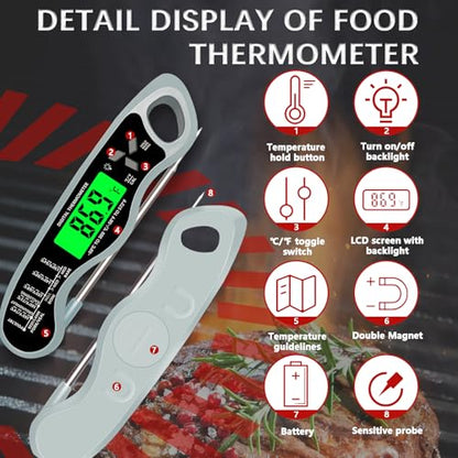 Cooking Thermometer，IP67 Waterproof Meat Thermometer Digital - color: Grey