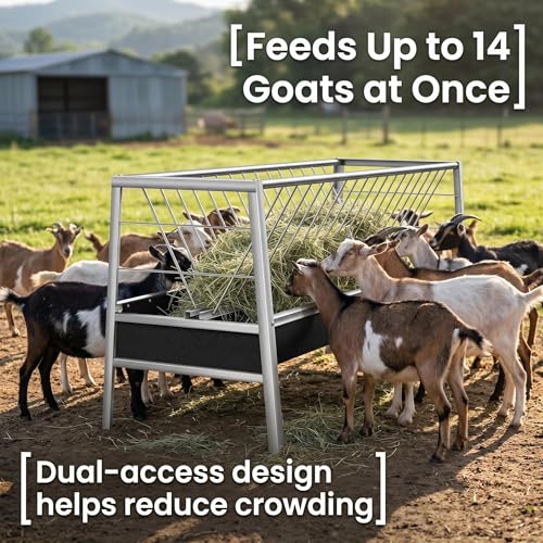 Livestock Trough 2 in 1 Hay Dispenser 55 Gallon with 22 Gallon Feeding Pan, Stainless Steel Hay Holder for Goats Sheep Calves Horses