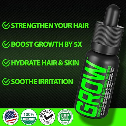 Beard Growth Kit w/GROW XXL Beard Oil/Serum for Facial Hair Growth for Men + 100% Lifetime Replacement First Cut Boar Bristle Brush & 360 Wave Brush for Men - Formulated in America - size: XL Brush + GROW Oil