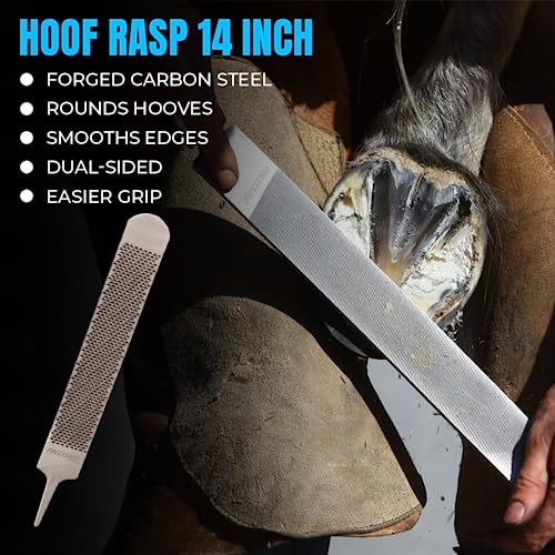Hoof Rasp 14 inch, Carbon Steel Farrier File Tool for Easy Cleaning, Horseshoe File with Easy Grip for Cow, Horse, Goat and Pig