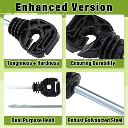 Tandefio 25 Pcs Electric Fence Insulator with Tool, Screw in Long Arm | Black Plastic Wood Post, Galvanized Steel Screw, Long Arm Wire Support, Socket Tool, Agricultural Garden Animal Fence